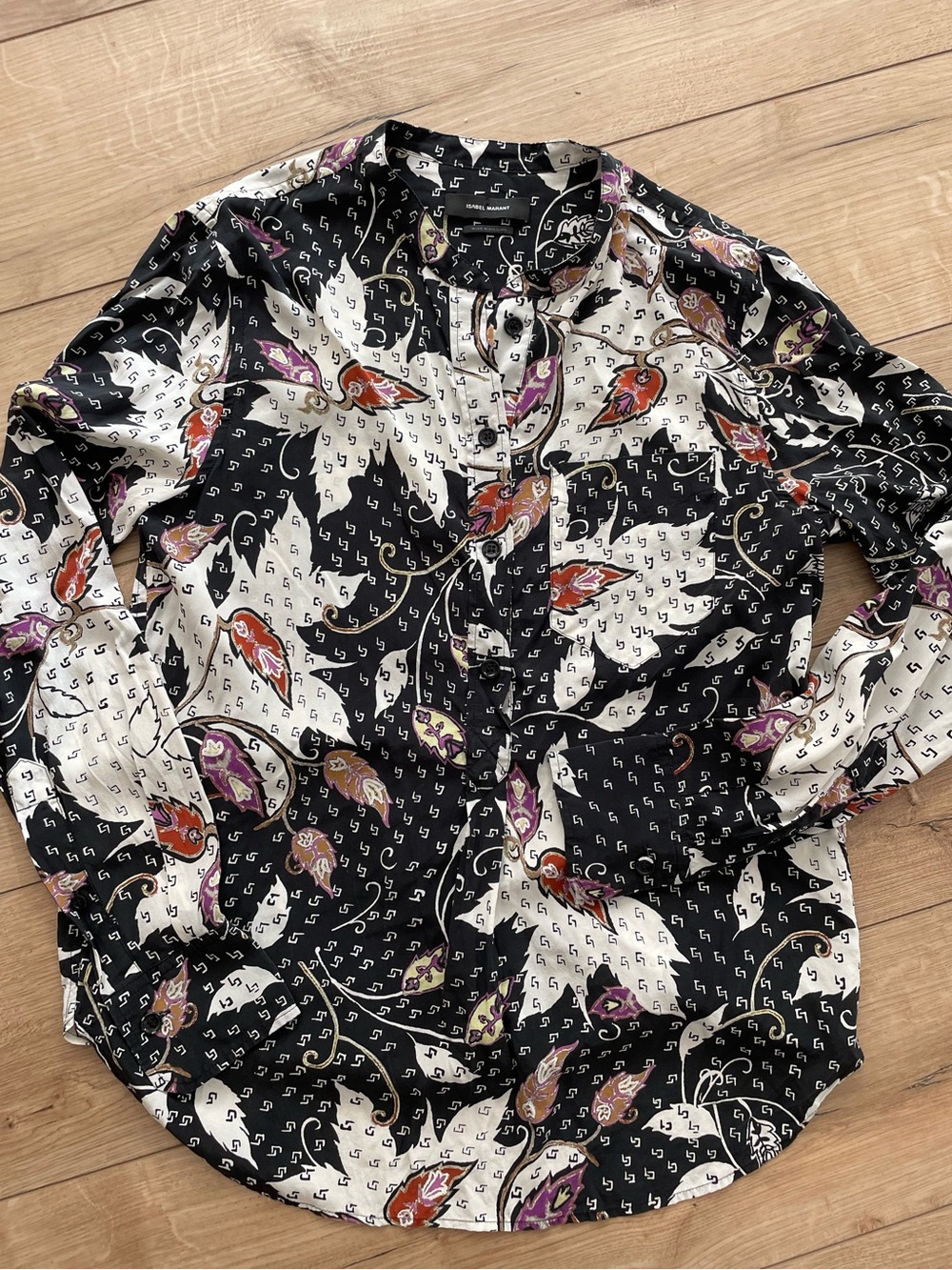 Isabel Marant Silk Paisley Leaf Print Button Down Blouse Top Black White 36